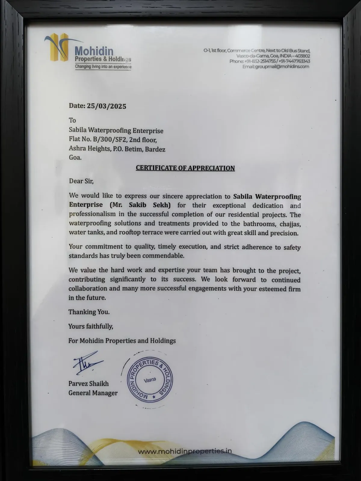Sabila Waterproofing Enterprises achievement certificate one