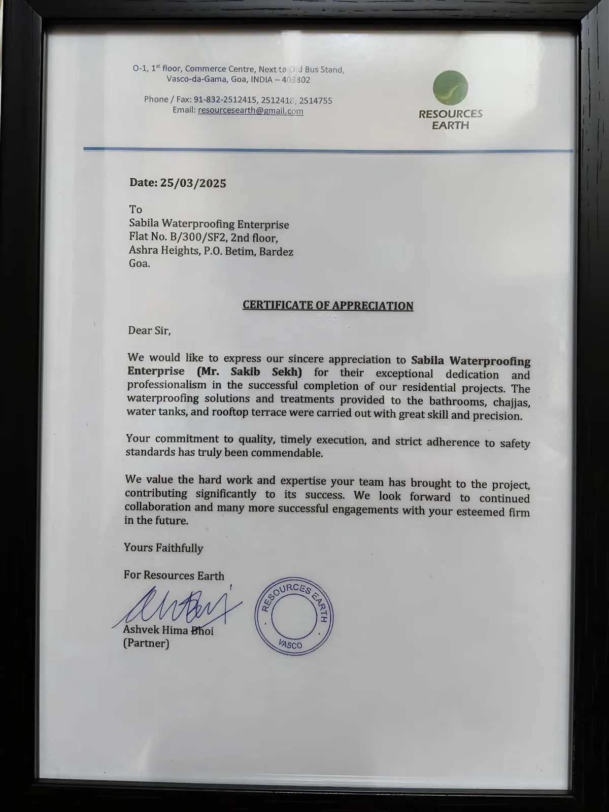 Sabila Waterproofing Enterprises achievement certificate two